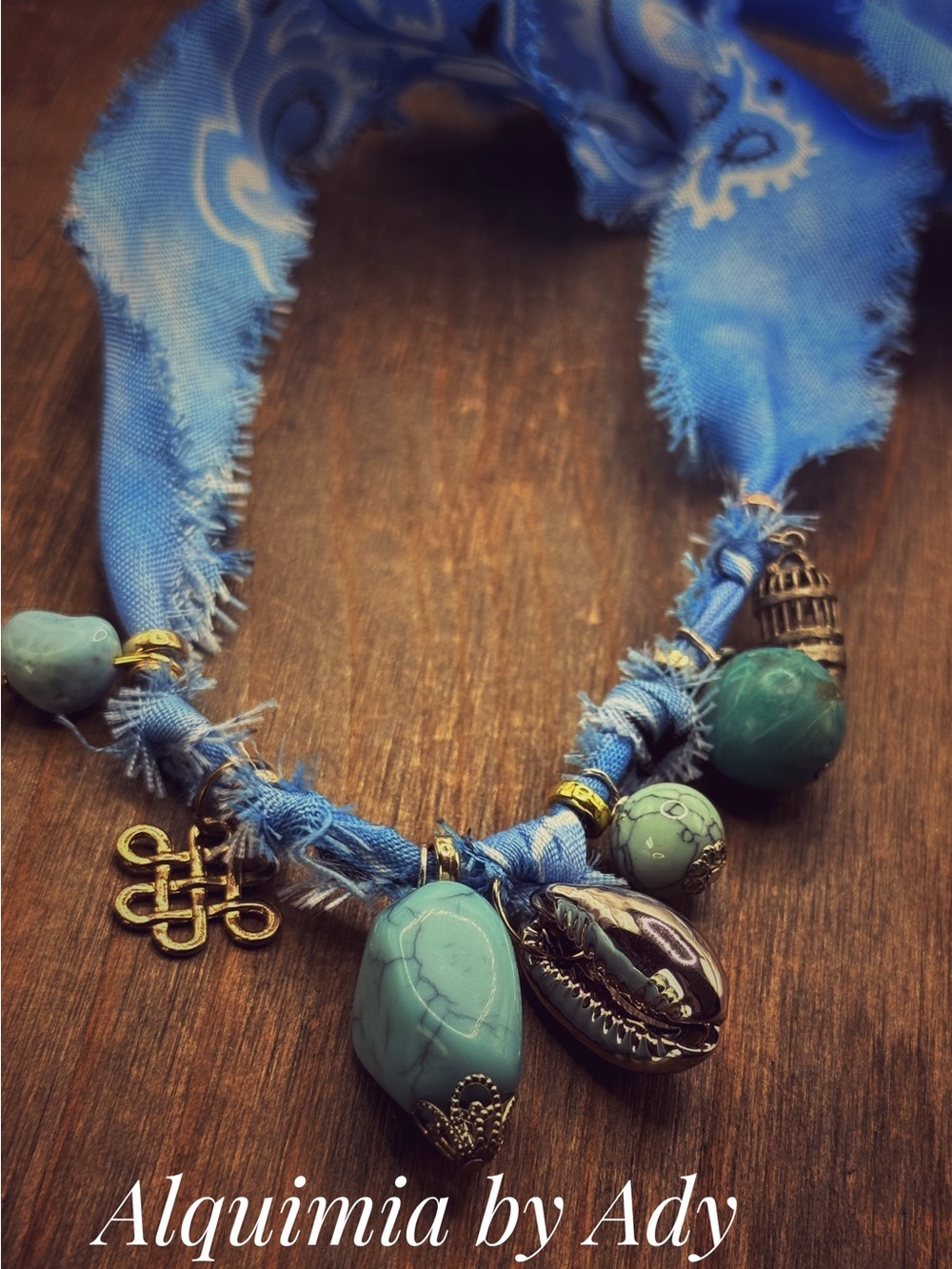 Fall Blue Turquoise Beaded Fabric Charm Necklace